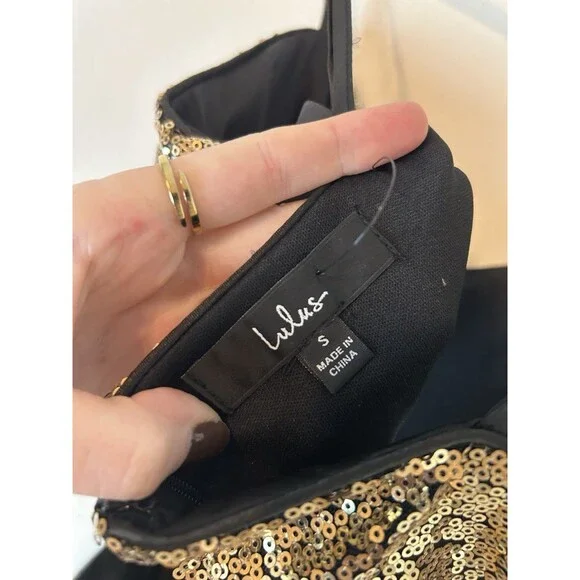 NEW Lulu's Gold Sequin Bodycon CUTOUT Mini Dress Bow Holiday Party Event Small - Picture 5 of 6